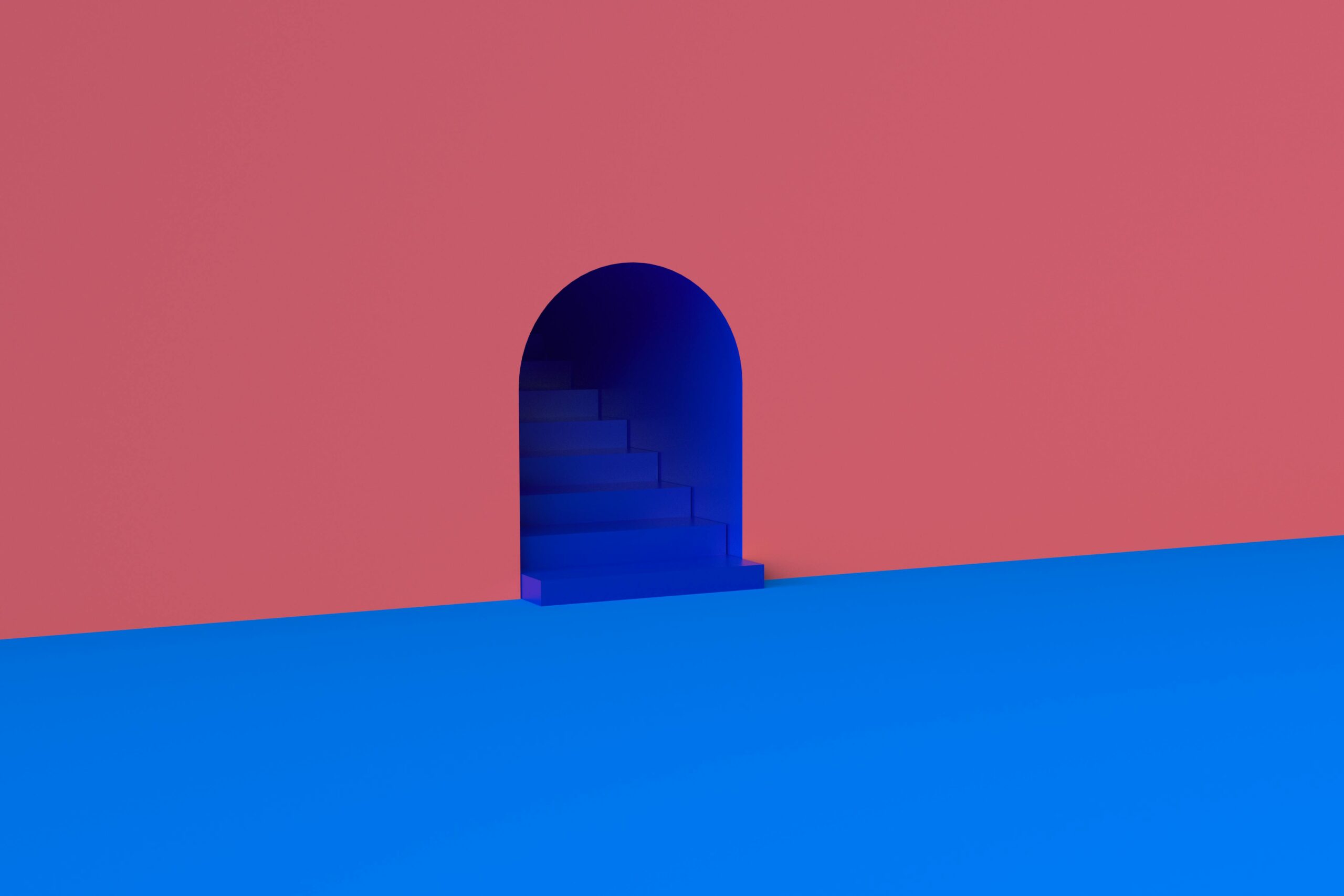 Home A surreal archway leading to mysterious stairs, featuring bold pink and blue colors in a minimalistic design.